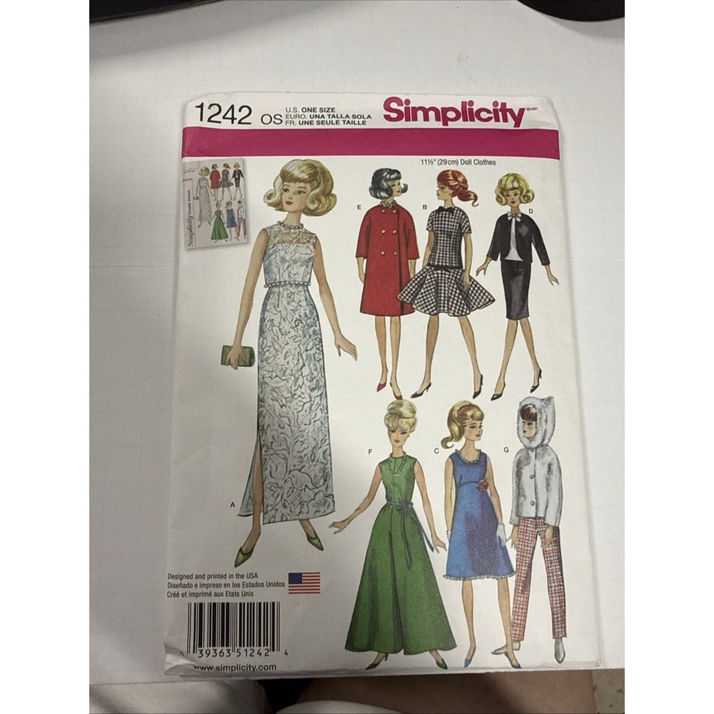 Simplicity 1242 Clothes for 11.5" Doll Retro 60s Dress Coat Skirt Sewing Pattern